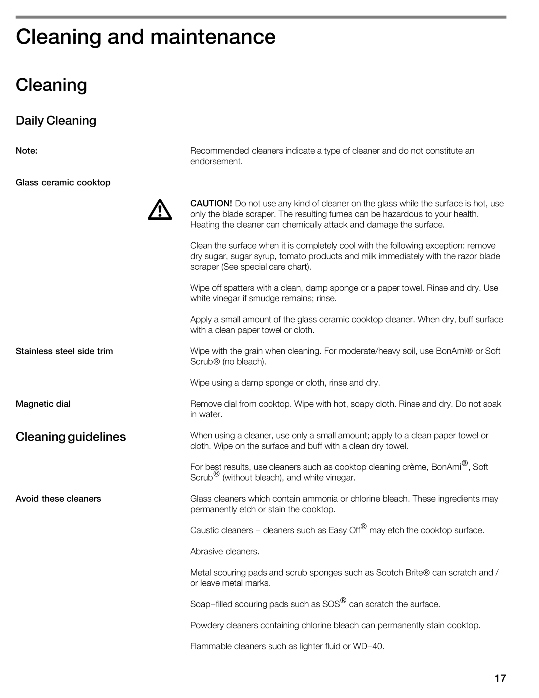 Bosch Appliances NIT8053UC manual Cleaning and maintenance, Daily Cleaning, Cleaning Guidelines 