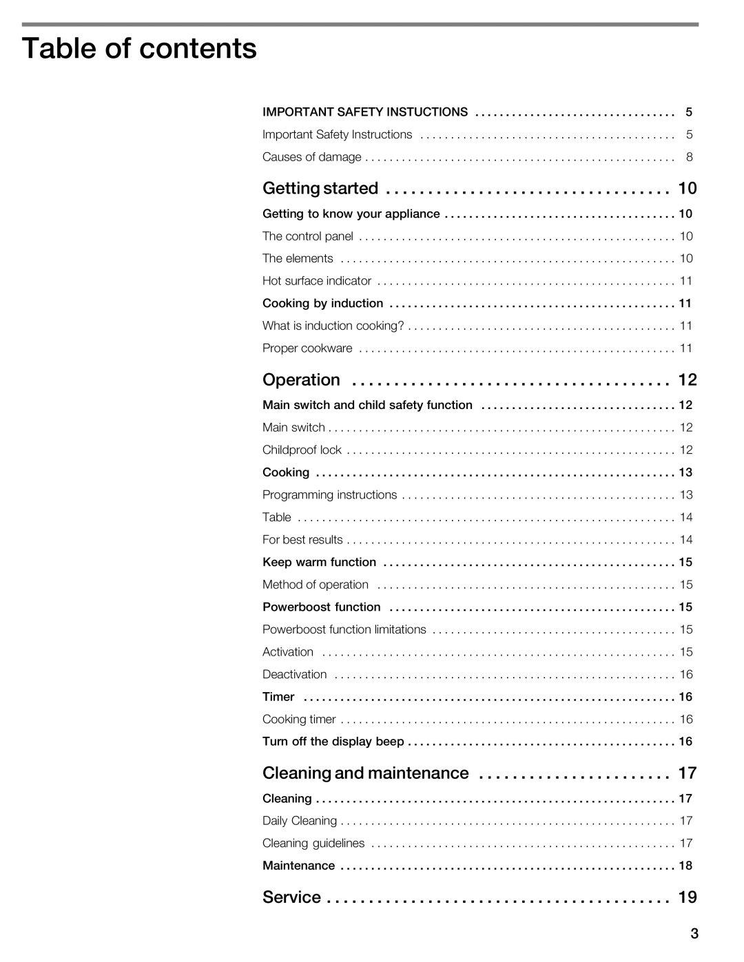 Bosch Appliances NIT8053UC manual Table of contents 