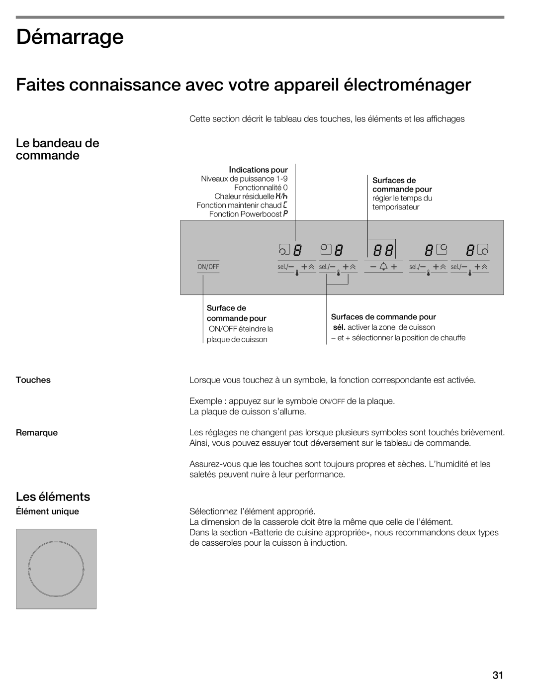 Bosch Appliances NIT8053UC manual Démarrage, Faites connaissance avec votre appareil électroménager, Le bandeau de commande 