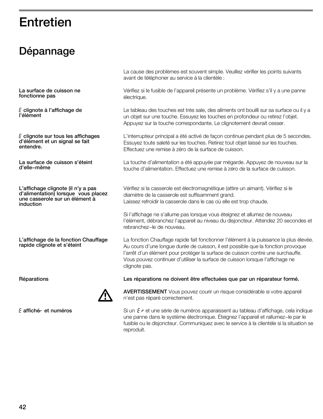 Bosch Appliances NIT8053UC manual Entretien, Dépannage, Avertissement 