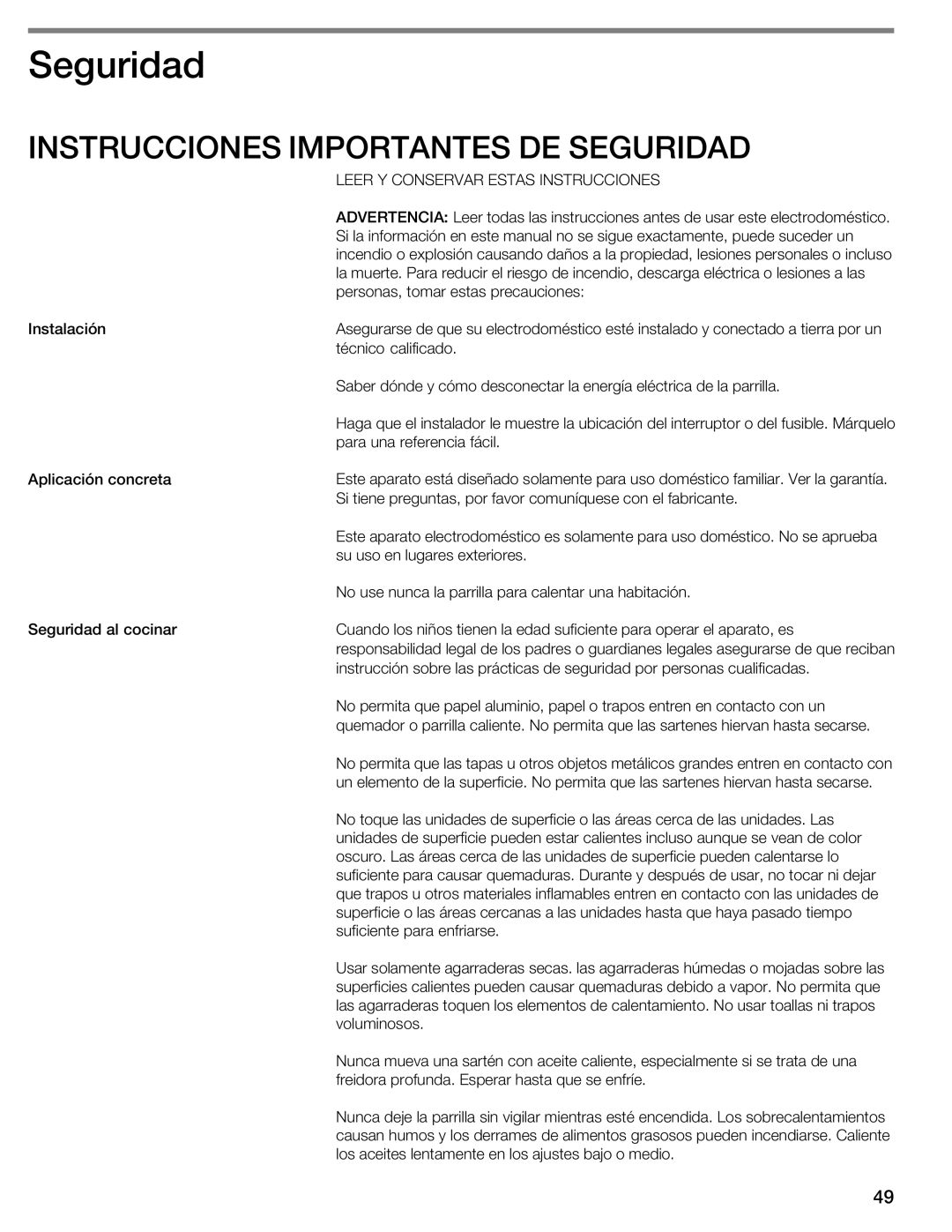 Bosch Appliances NIT8053UC manual Seguridad, Leer Y Conservar Estas Instrucciones 