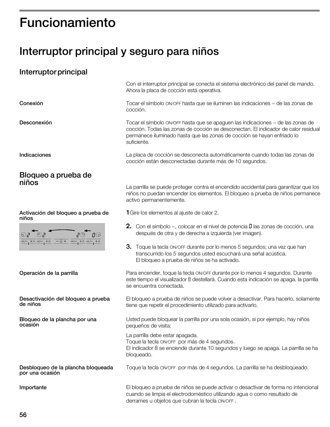 Bosch Appliances NIT8053UC manual Funcionamiento, Interruptor principal y seguro para niños, Interruptor Principal 