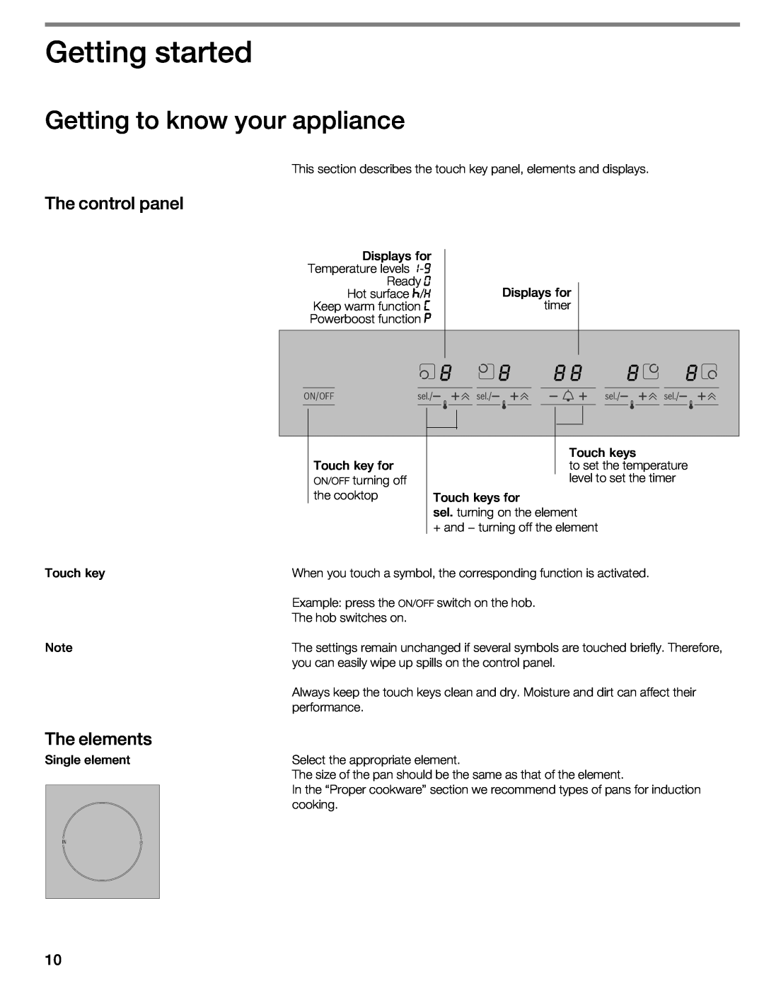 Bosch Appliances NIT8053UC manual Getting started, Getting to know your appliance, The control panel, elements 