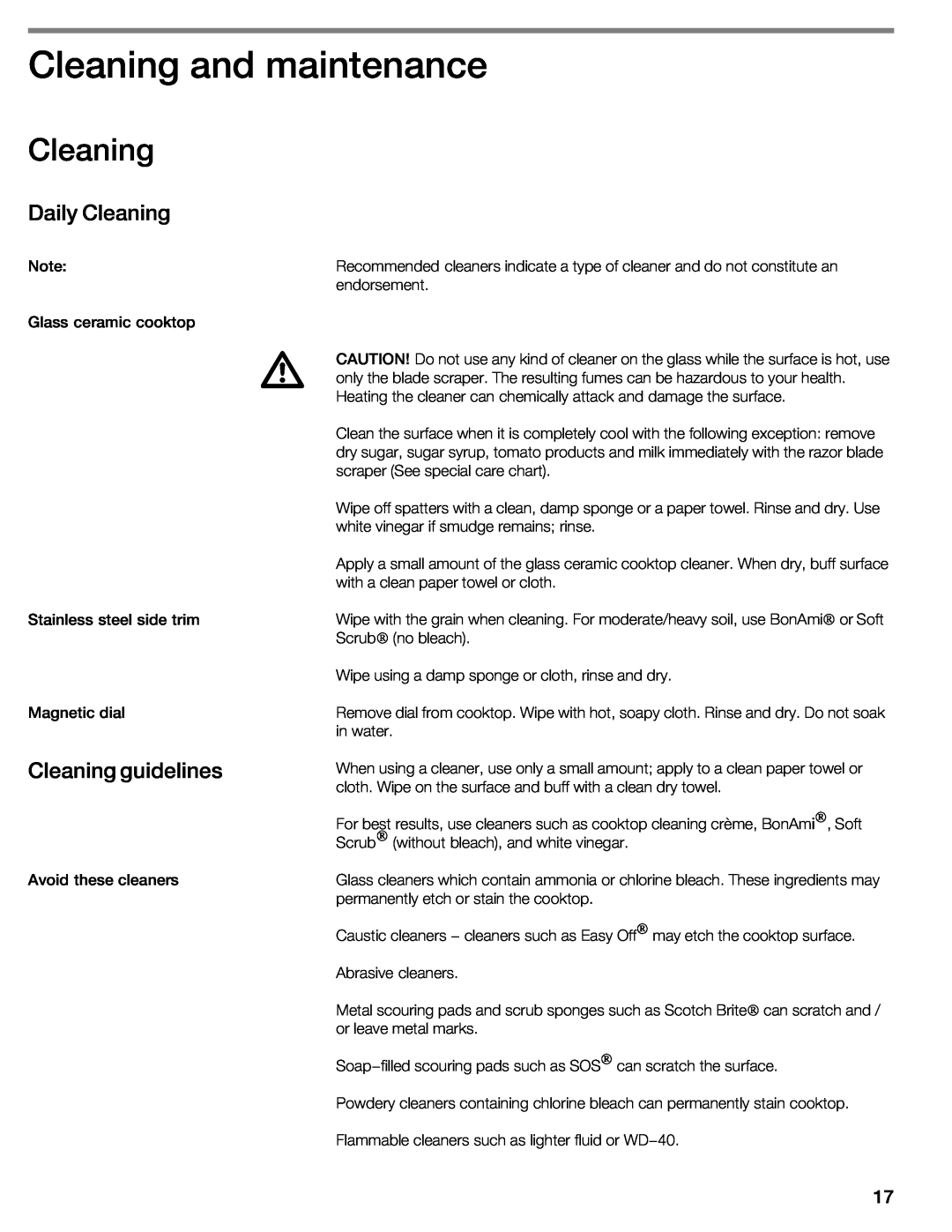 Bosch Appliances NIT8053UC manual Cleaning and maintenance, Daily Cleaning, guidelines 