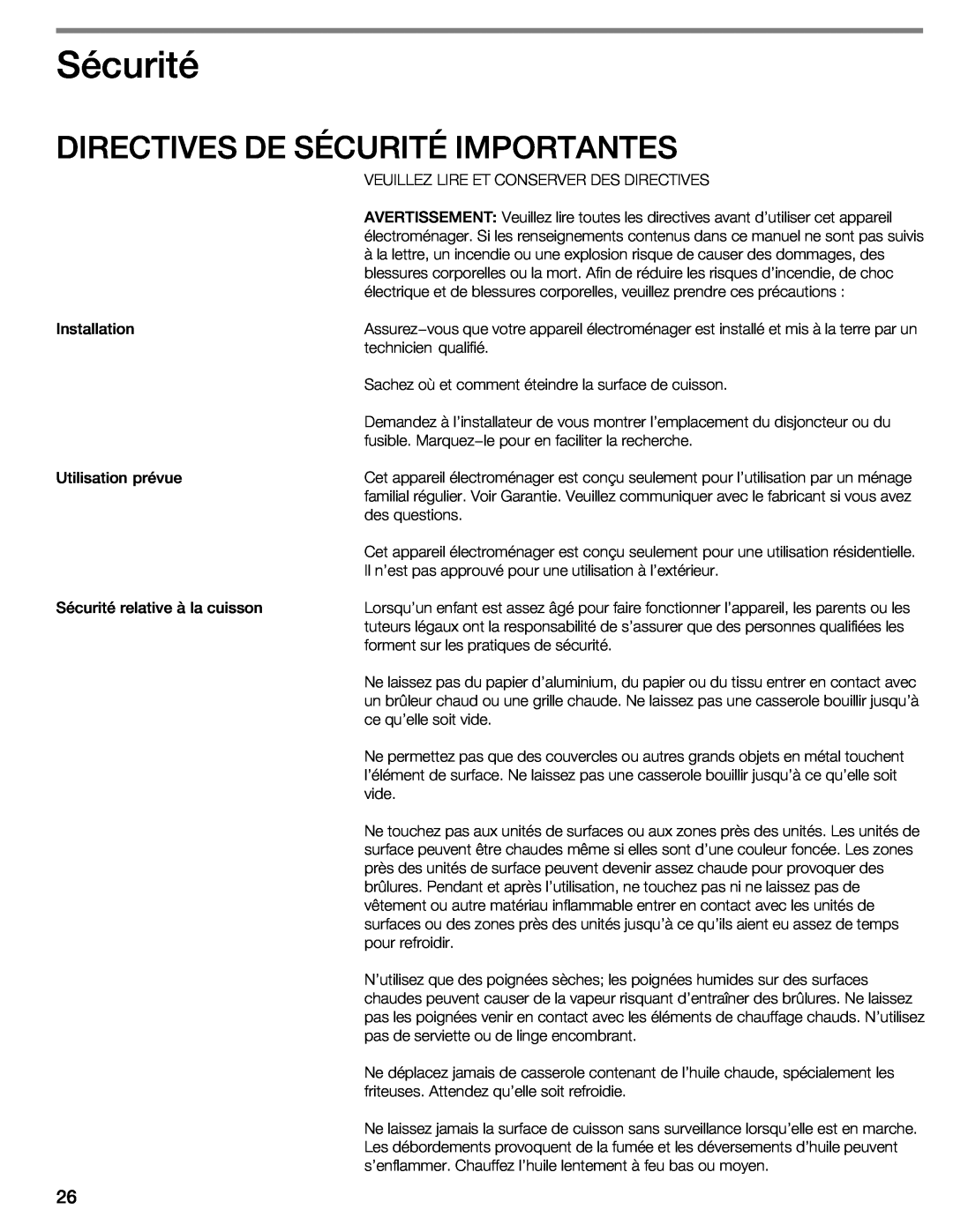 Bosch Appliances NIT8053UC manual Directives De Sécurité Importantes 