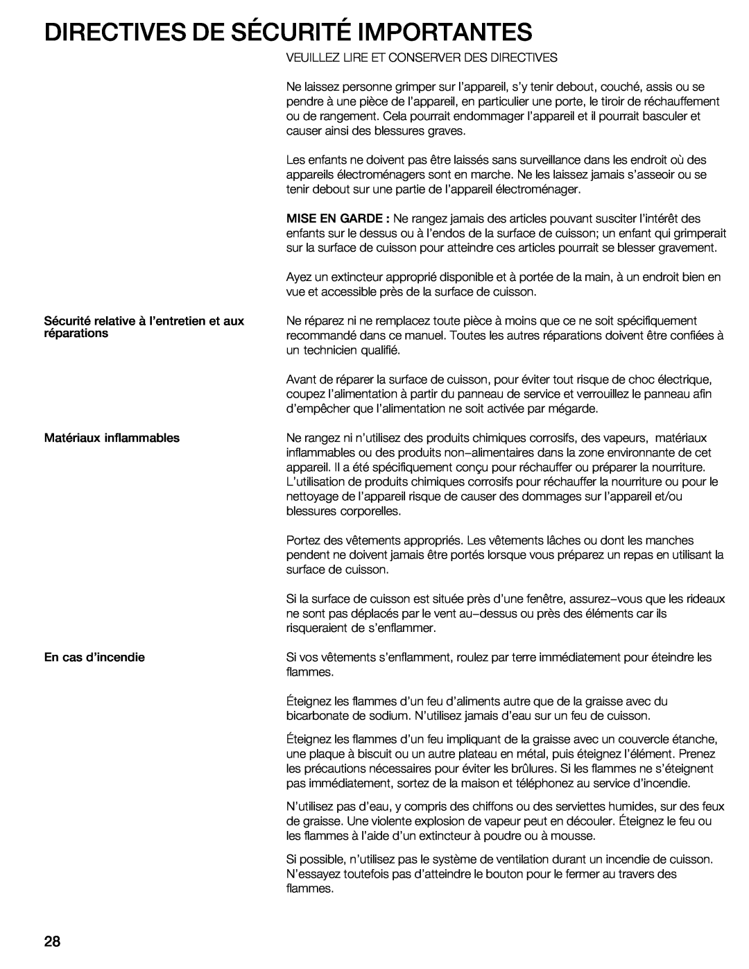 Bosch Appliances NIT8053UC manual Directives De, Sécurité, Importantes 