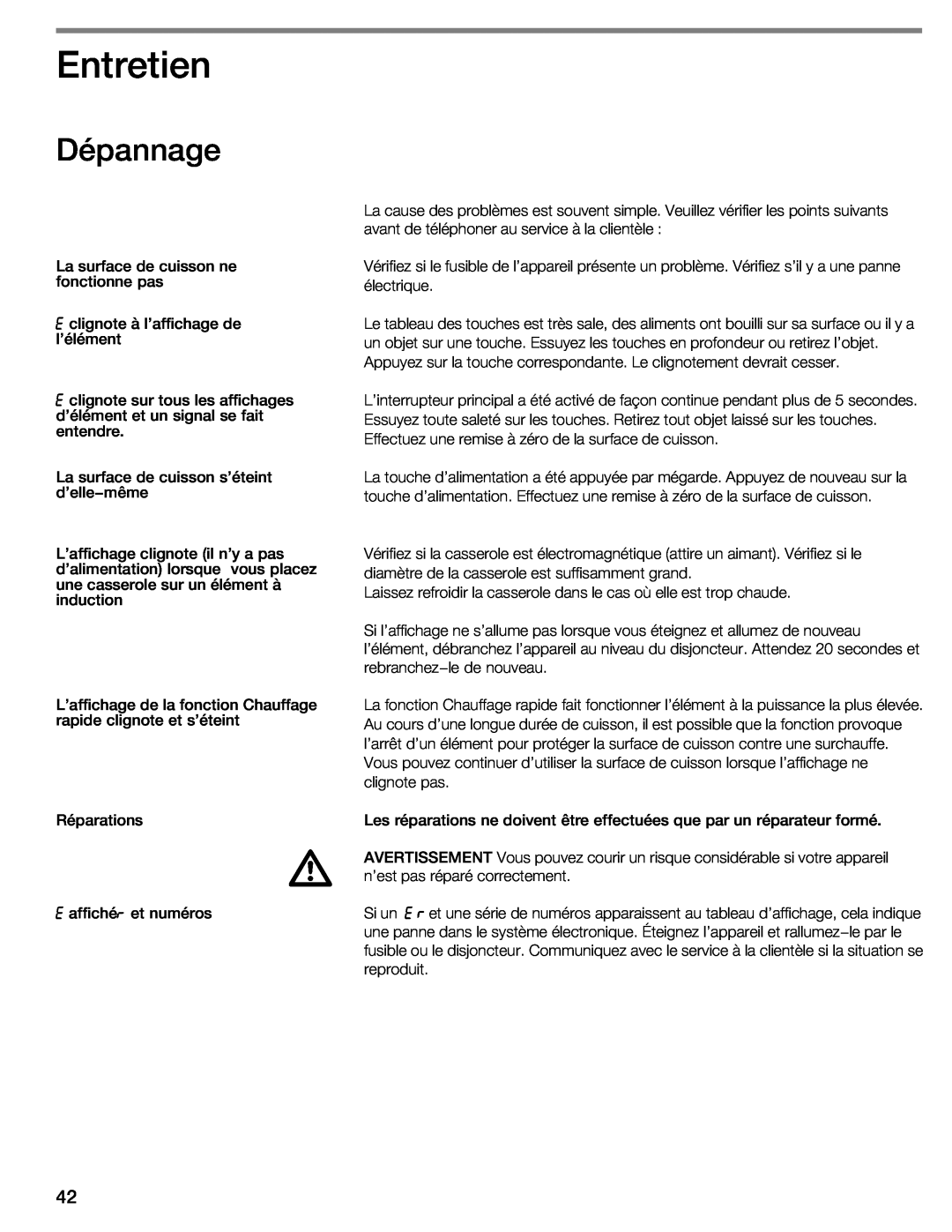 Bosch Appliances NIT8053UC manual Entretien, Dépannage 