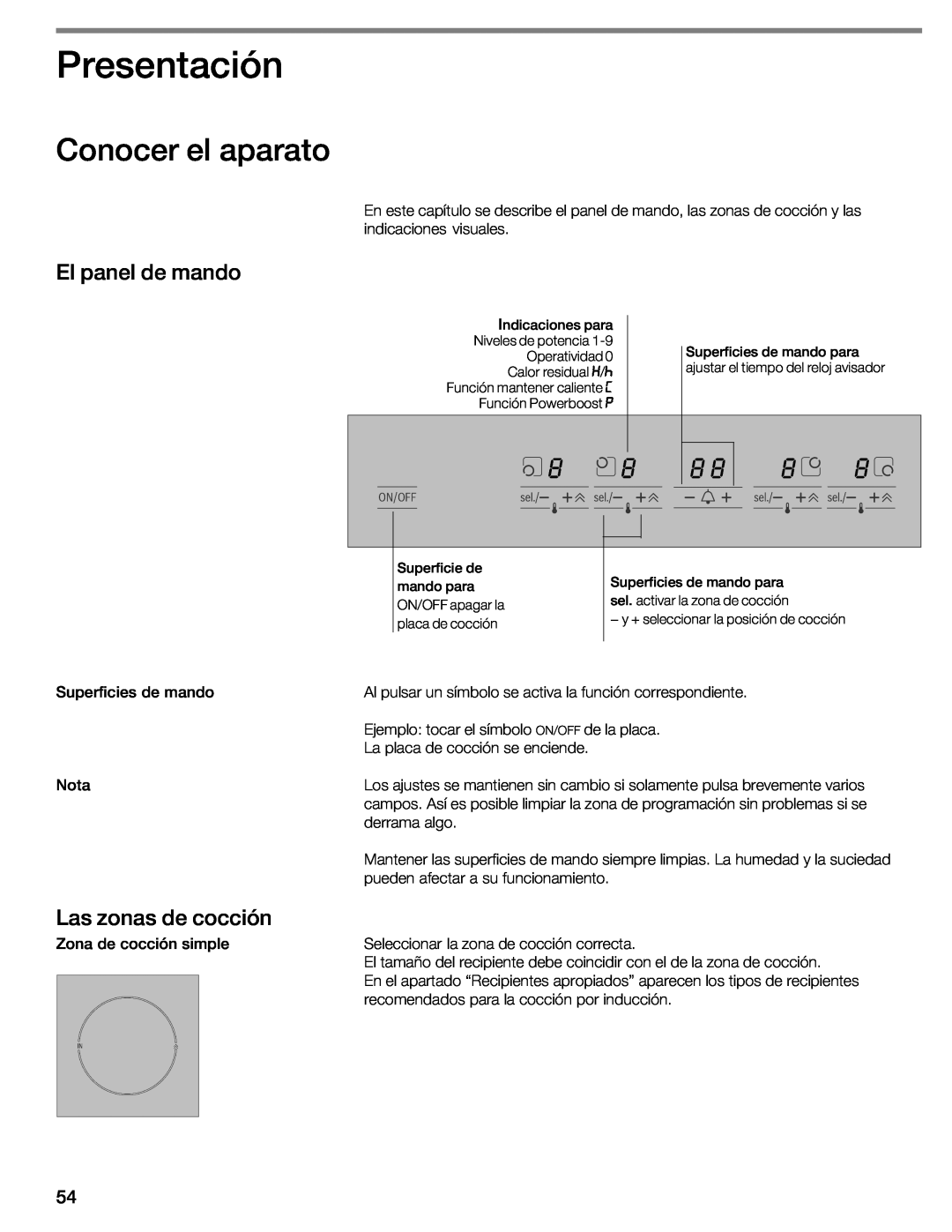 Bosch Appliances NIT8053UC manual Presentación, Conocer el aparato, El panel de mando, zonas, de cocción 