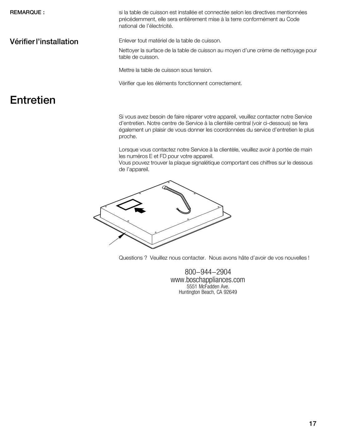 Bosch Appliances NIT8653UC manual Entretien, Vérifier linstallation 