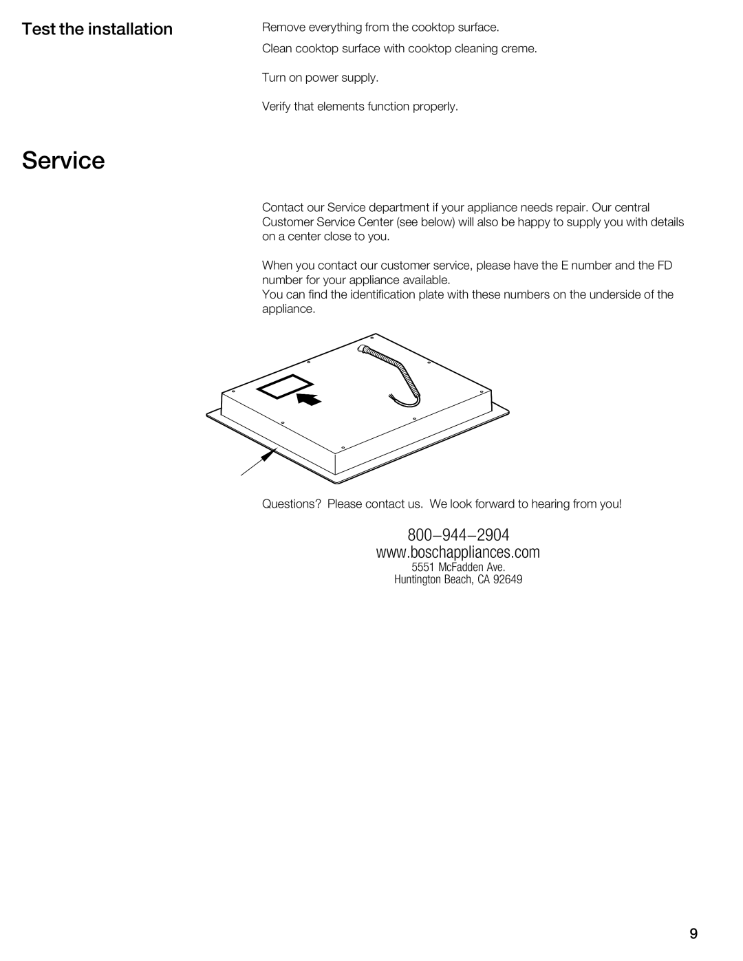 Bosch Appliances NIT8653UC manual Service, Test the installation 