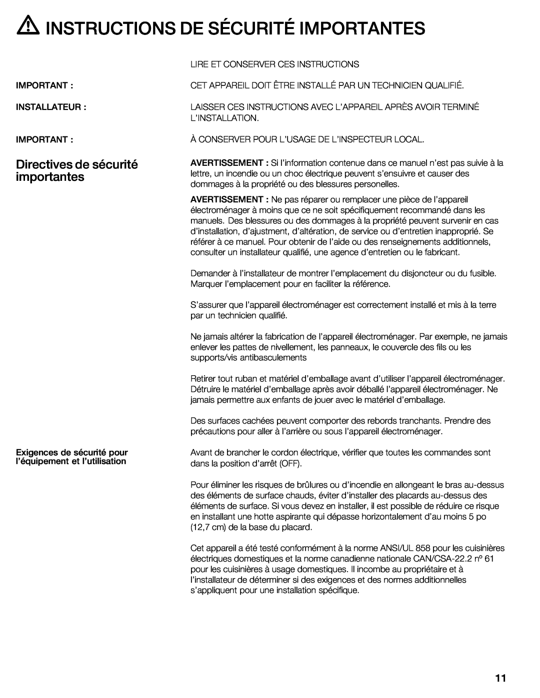 Bosch Appliances NIT8653UC manual d INSTRUCTIONS DE SÉCURITÉ IMPORTANTES, Directives de sécurité importantes 
