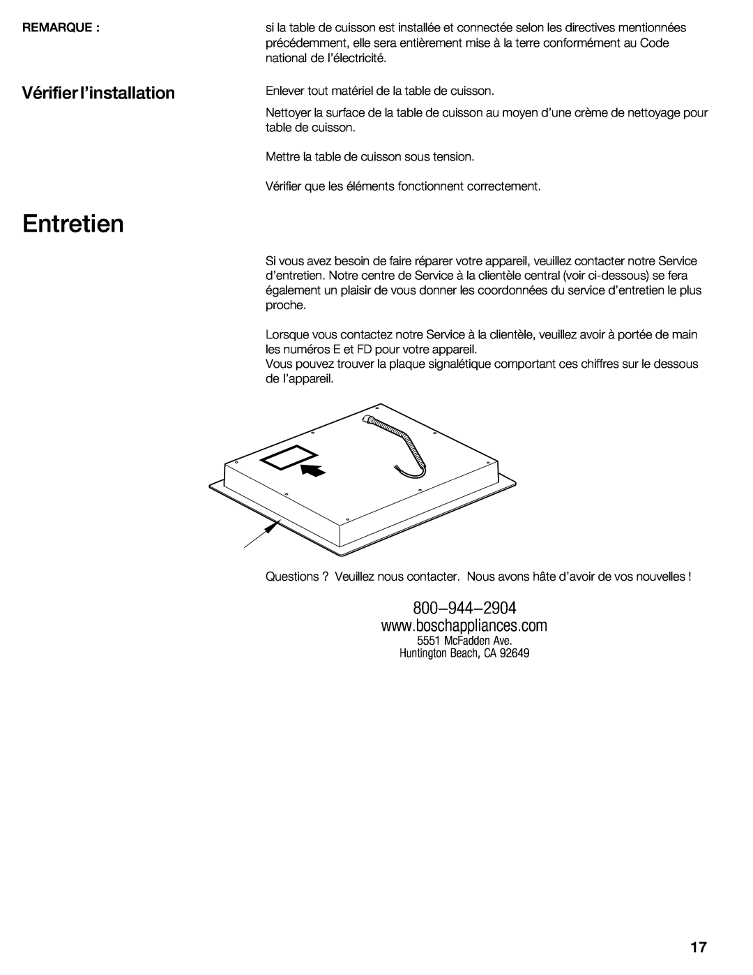 Bosch Appliances NIT8653UC manual Entretien, Vérifier linstallation 