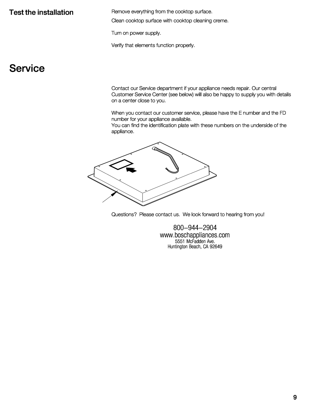 Bosch Appliances NIT8653UC manual Service, Test the installation 