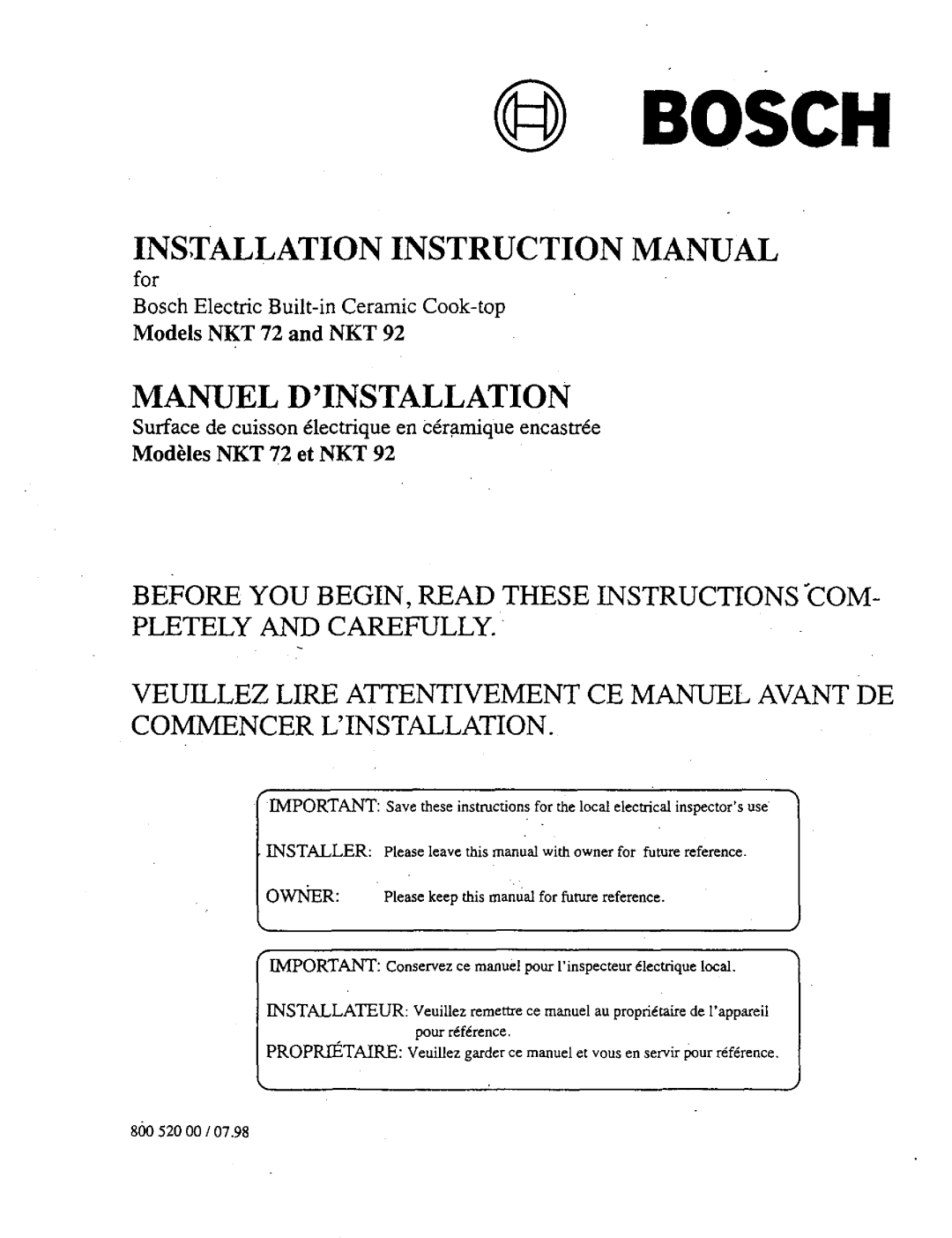 Bosch Appliances NKT 92 instruction manual Manuel Dinstallation, @ Bosch, Veuillez Lire Attentivement Ce Manuel Avant De 