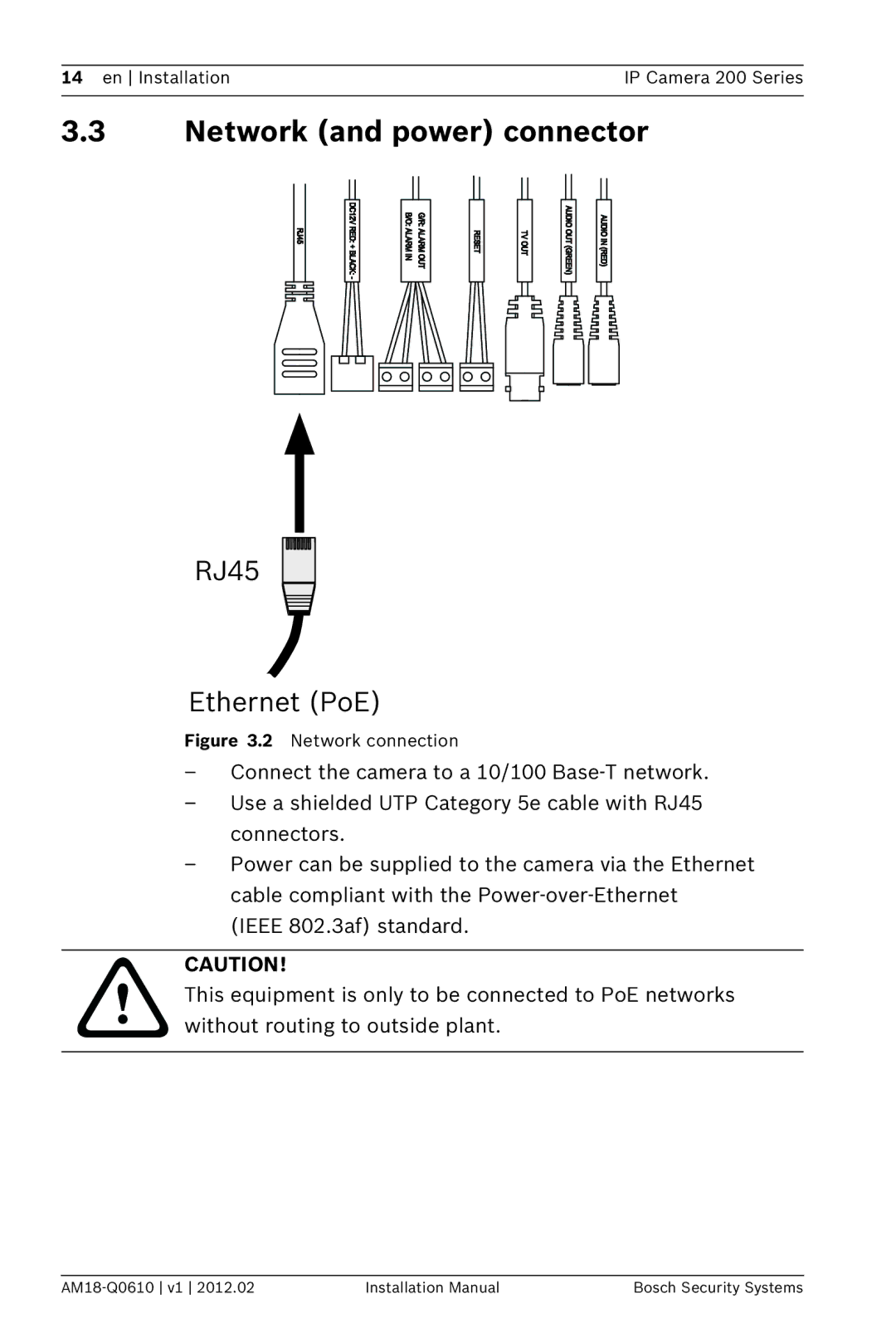 Bosch Appliances NTC-265-PI installation manual Network and power connector, RJ45 Ethernet PoE 