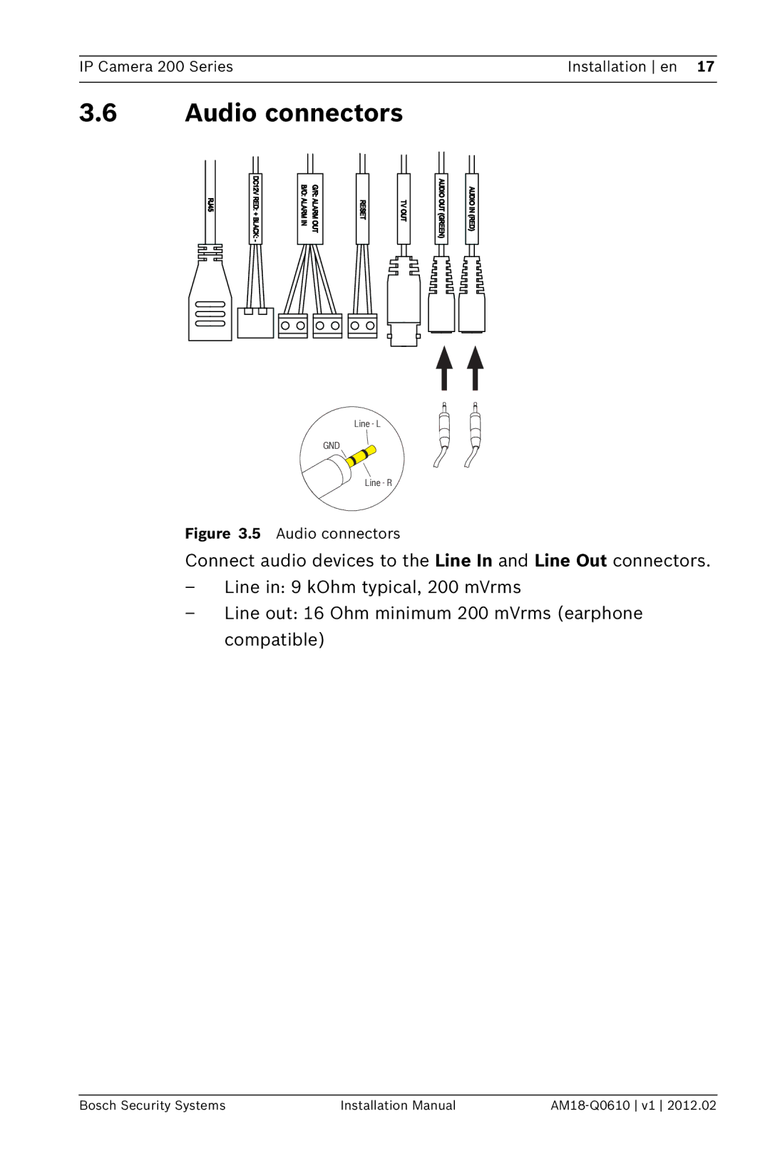 Bosch Appliances NTC-265-PI installation manual Audio connectors 