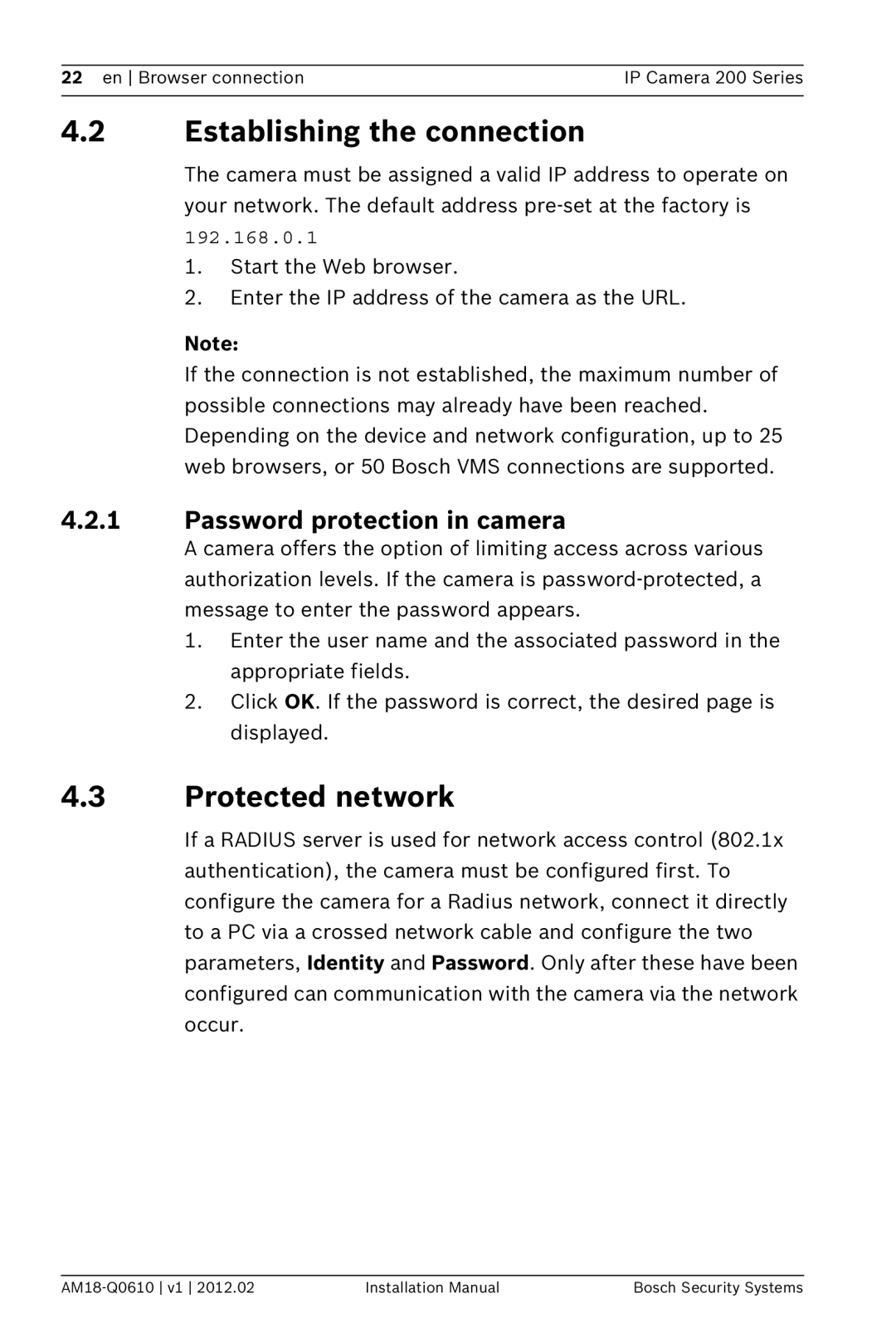 Bosch Appliances NTC-265-PI installation manual Establishing the connection, Protected network 