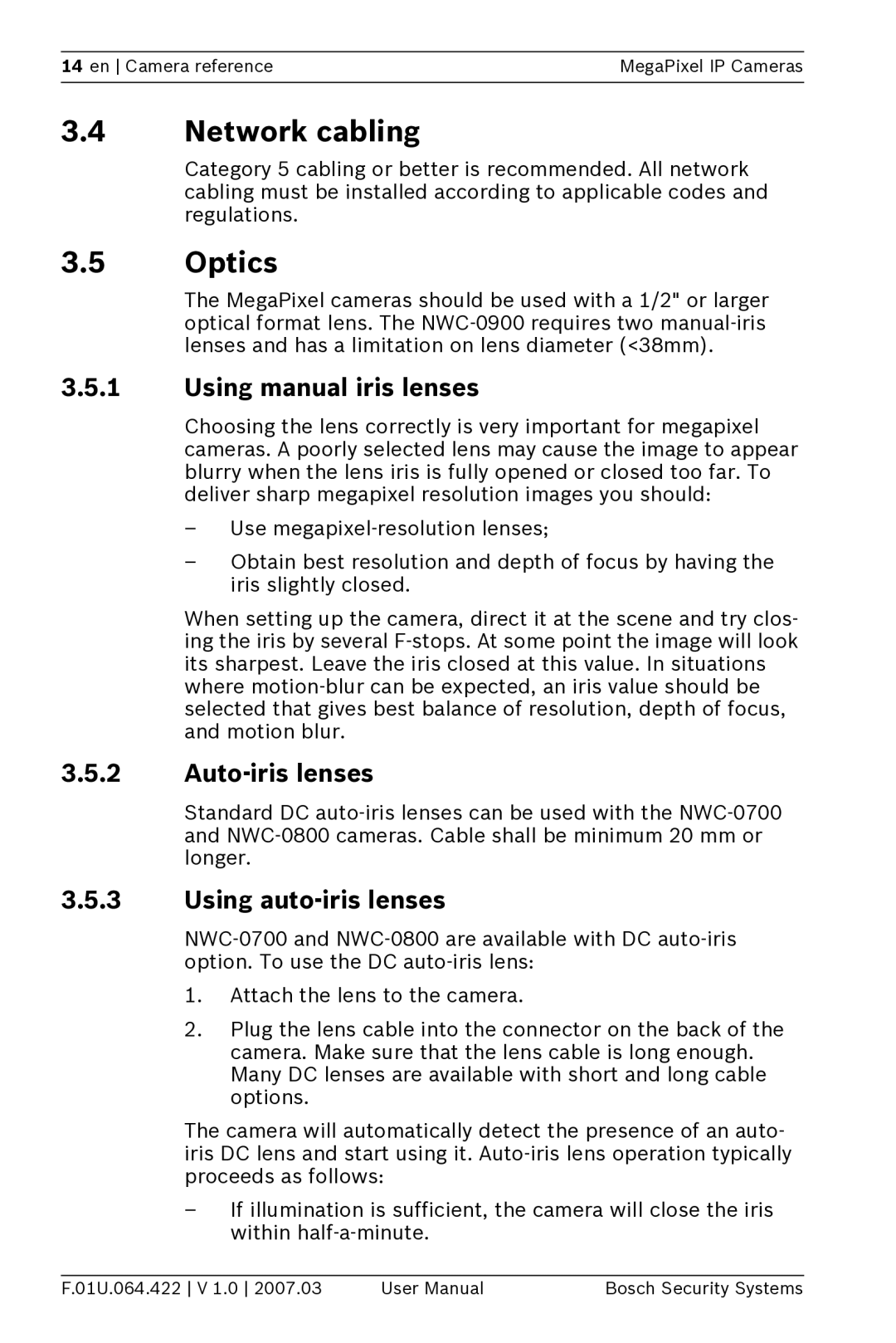 Bosch Appliances NWC-0800 Network cabling, Optics, Using manual iris lenses, Auto-iris lenses, Using auto-iris lenses 