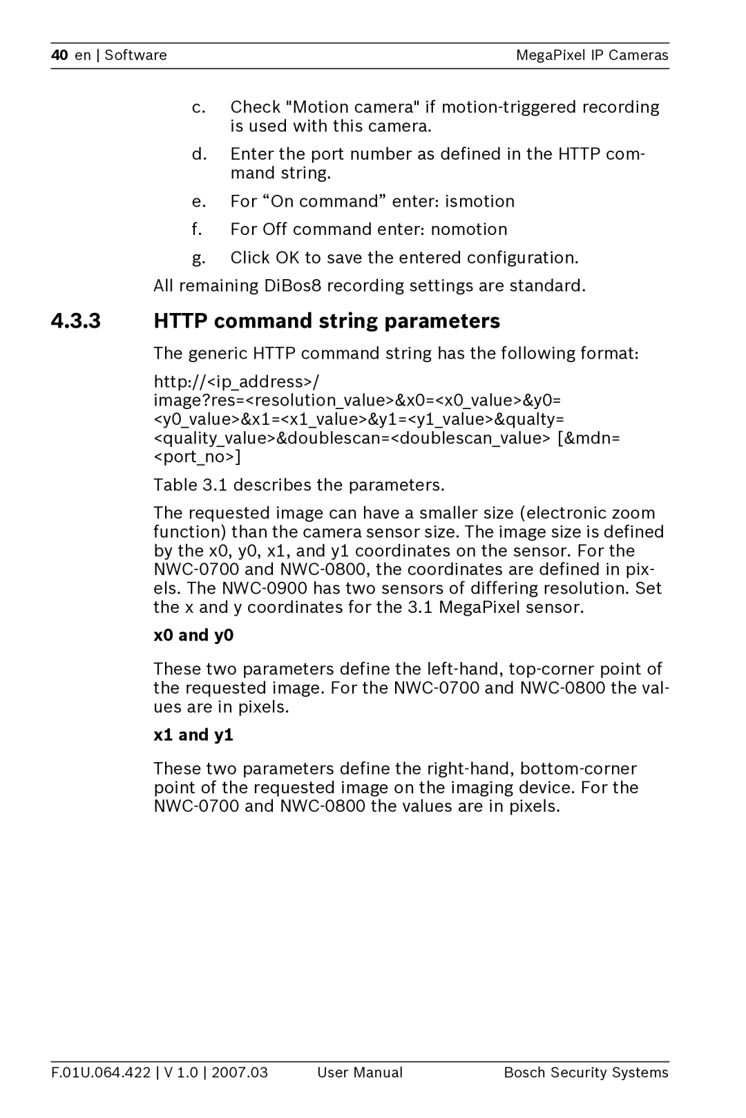 Bosch Appliances NWC-0900, NWC-0800, NWC-0700 manual Http command string parameters, X0 and y0, X1 and y1 