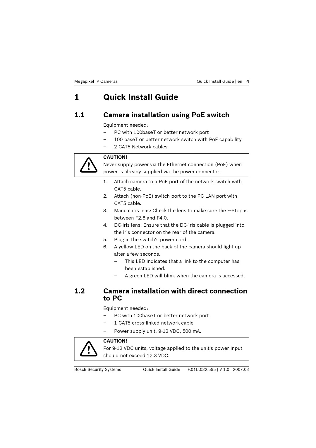 Bosch Appliances NWC-0800, NWC-0900, NWC-0700 Quick Install Guide, Camera installation using PoE switch 