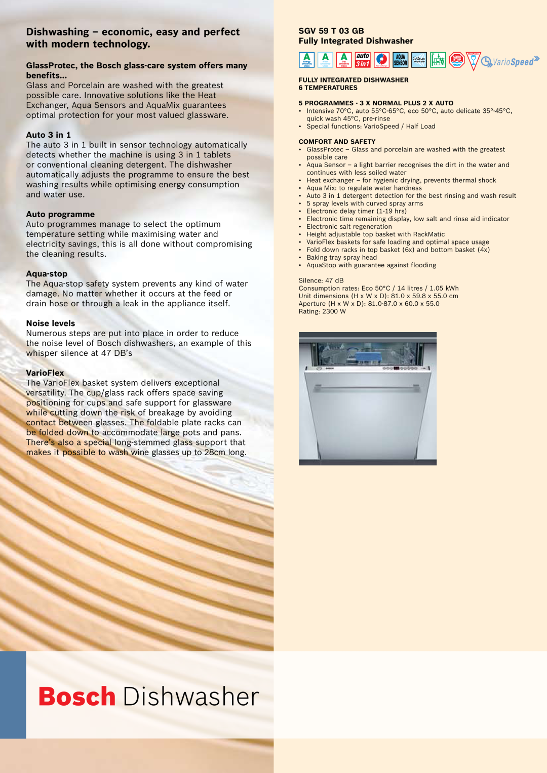Bosch Appliances Oven Carriage manual Bosch Dishwasher, Auto 3 in, Auto programme, Aqua-stop, Noise levels, VarioFlex 