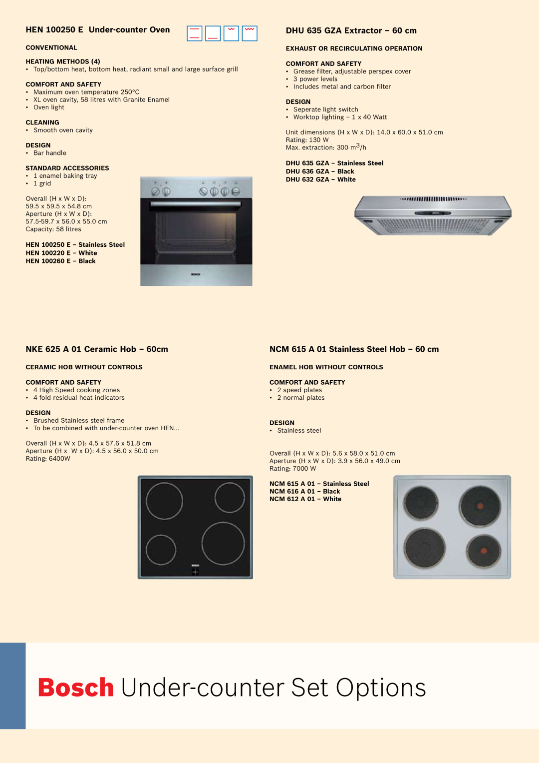 Bosch Appliances Oven Carriage manual Bosch Under-counterSet Options, HEN 100250 E Under-counterOven 