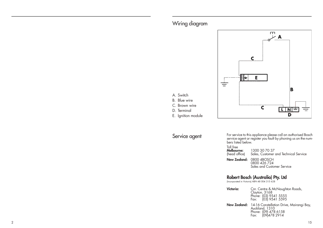 Bosch Appliances PCH 615 DAU Wiring diagram, Service agent, Switch Blue wire Brown wire Terminal Ignition module 