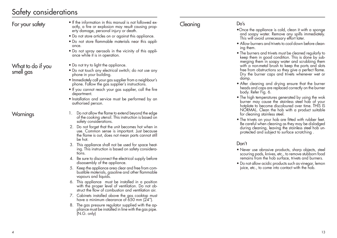 Bosch Appliances PCH 612 DAU Safety considerations, For your safety What to do if you smell gas, Cleaning, Do’s, Don’t 