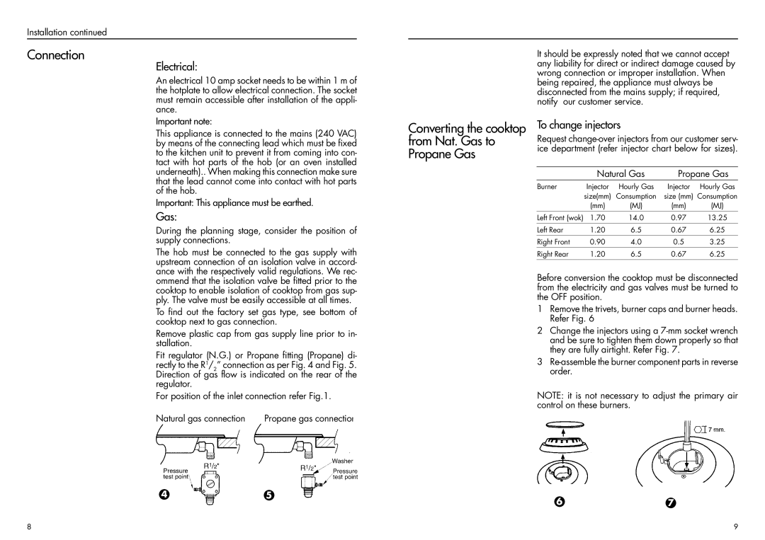 Bosch Appliances PCH 615 DAU, PCH 615 FAU Connection, Converting the cooktop from Nat. Gas to Propane Gas, Electrical 