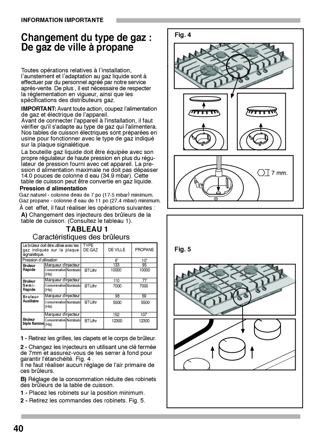 Bosch Appliances PCK755UC manual Tableau, Pression d alimentation 