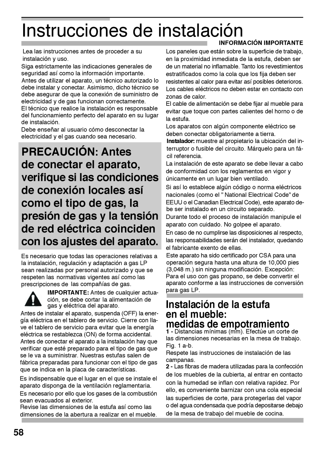 Bosch Appliances PCK755UC manual Instrucciones de instalación, Información Importante 