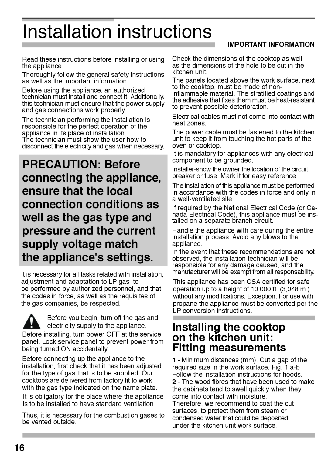 Bosch Appliances PCK755UC manual Installation instructions, Important Information 