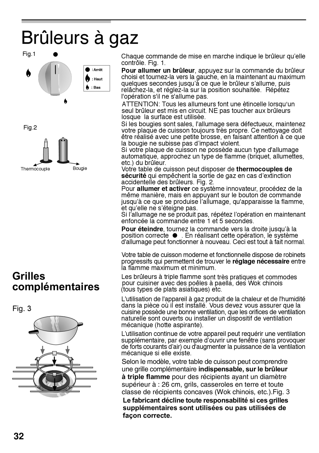 Bosch Appliances PCK755UC manual Brûleurs à gaz, Grilles complémentaires, Fig, façon correcte 