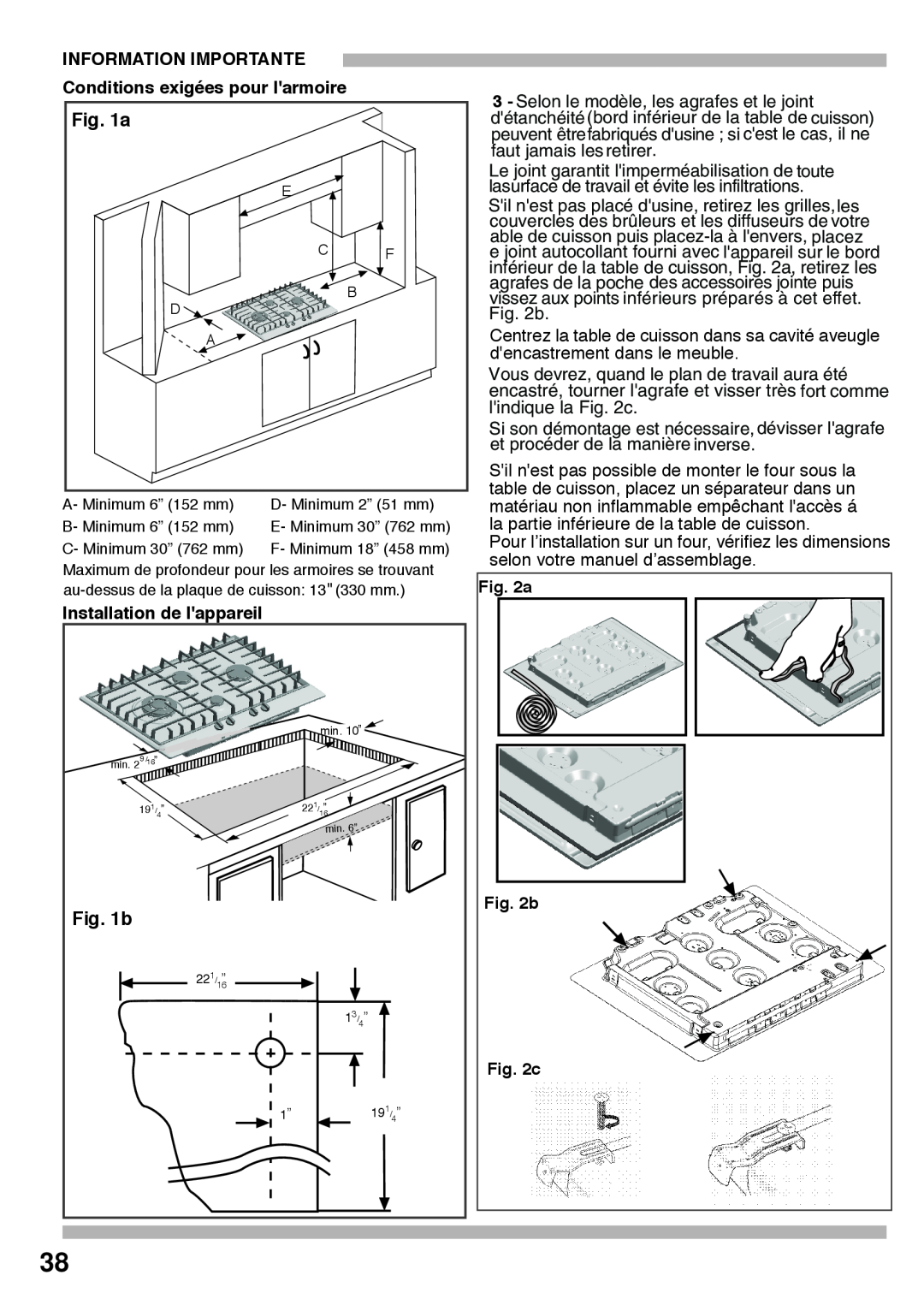 Bosch Appliances PCK755UC manual Information Importante, Conditions exigées pour larmoire, Installation de lappareil, b 