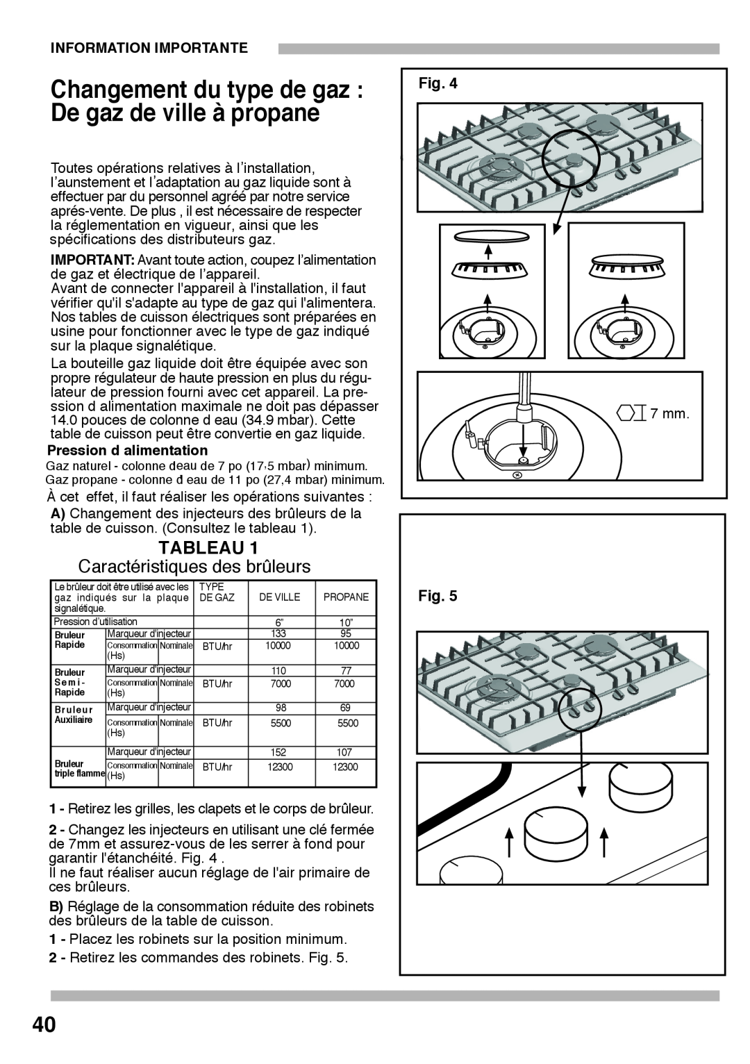 Bosch Appliances PCK755UC manual Tableau, Caractéristiques des brûleurs 