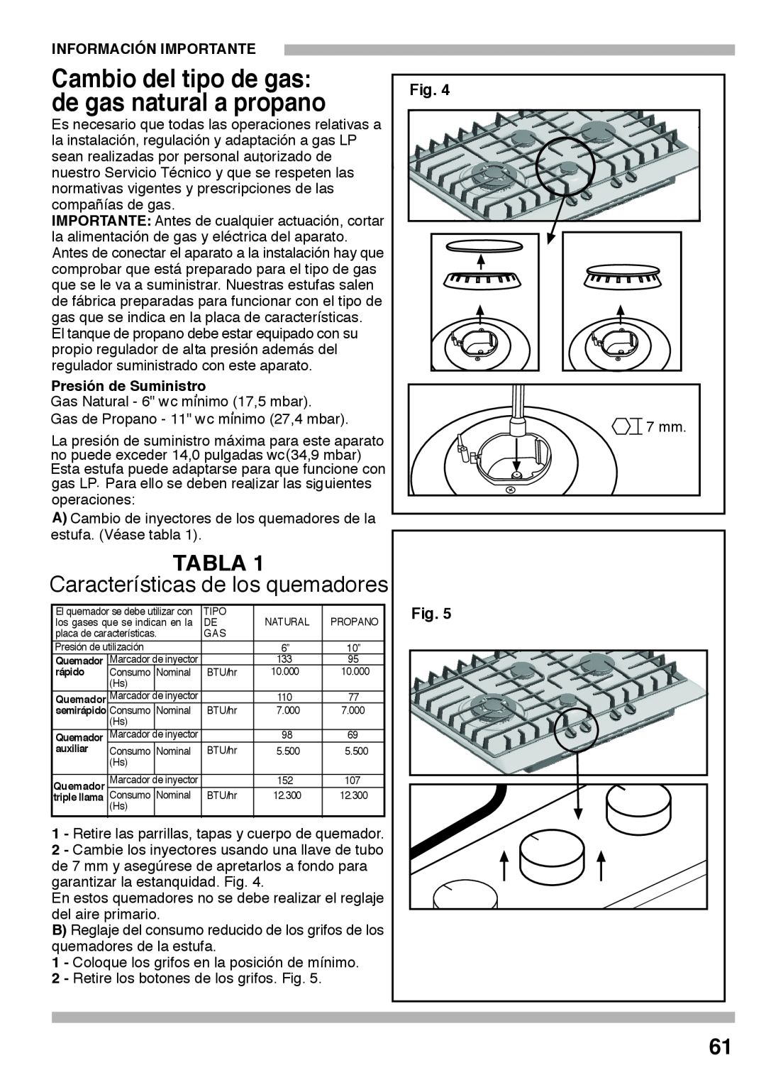 Bosch Appliances PCK755UC manual Cambio del tipo de gas, de gas natural a propano, Tabla, Características de los quemadores 