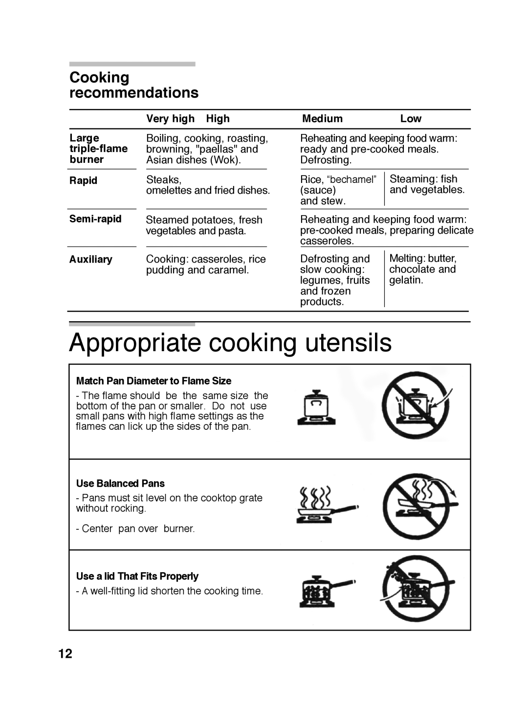 Bosch Appliances PGL985UC manual Appropriate cooking utensils, Cooking recommendations 