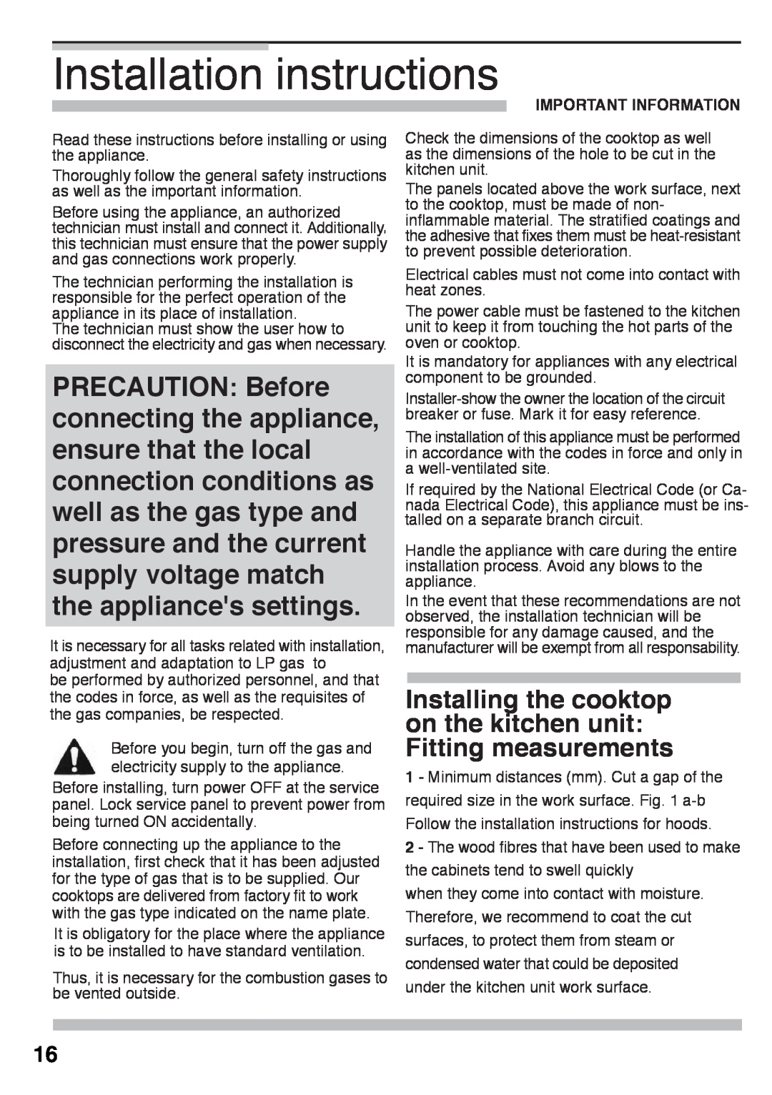 Bosch Appliances PGL985UC manual Installation instructions, Installing the cooktop on the kitchen unit Fitting measurements 