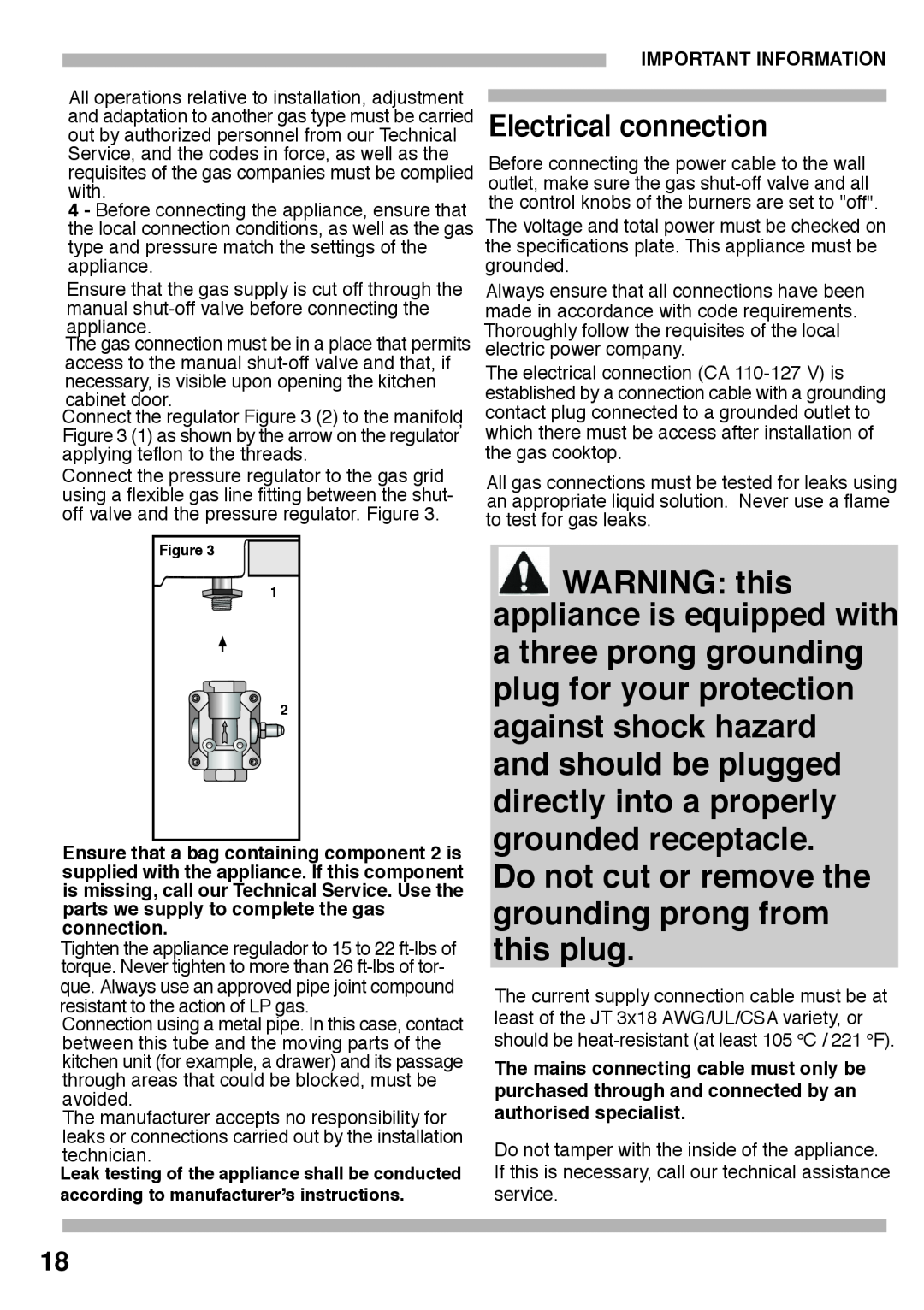 Bosch Appliances PGL985UC manual Electrical connection, Do not cut or remove the grounding prong from this plug 