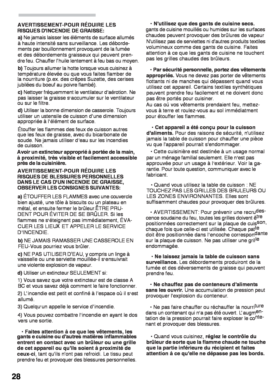 Bosch Appliances PGL985UC manual Avertissement-Pour Réduire Les Risques Dincendie De Graisse 