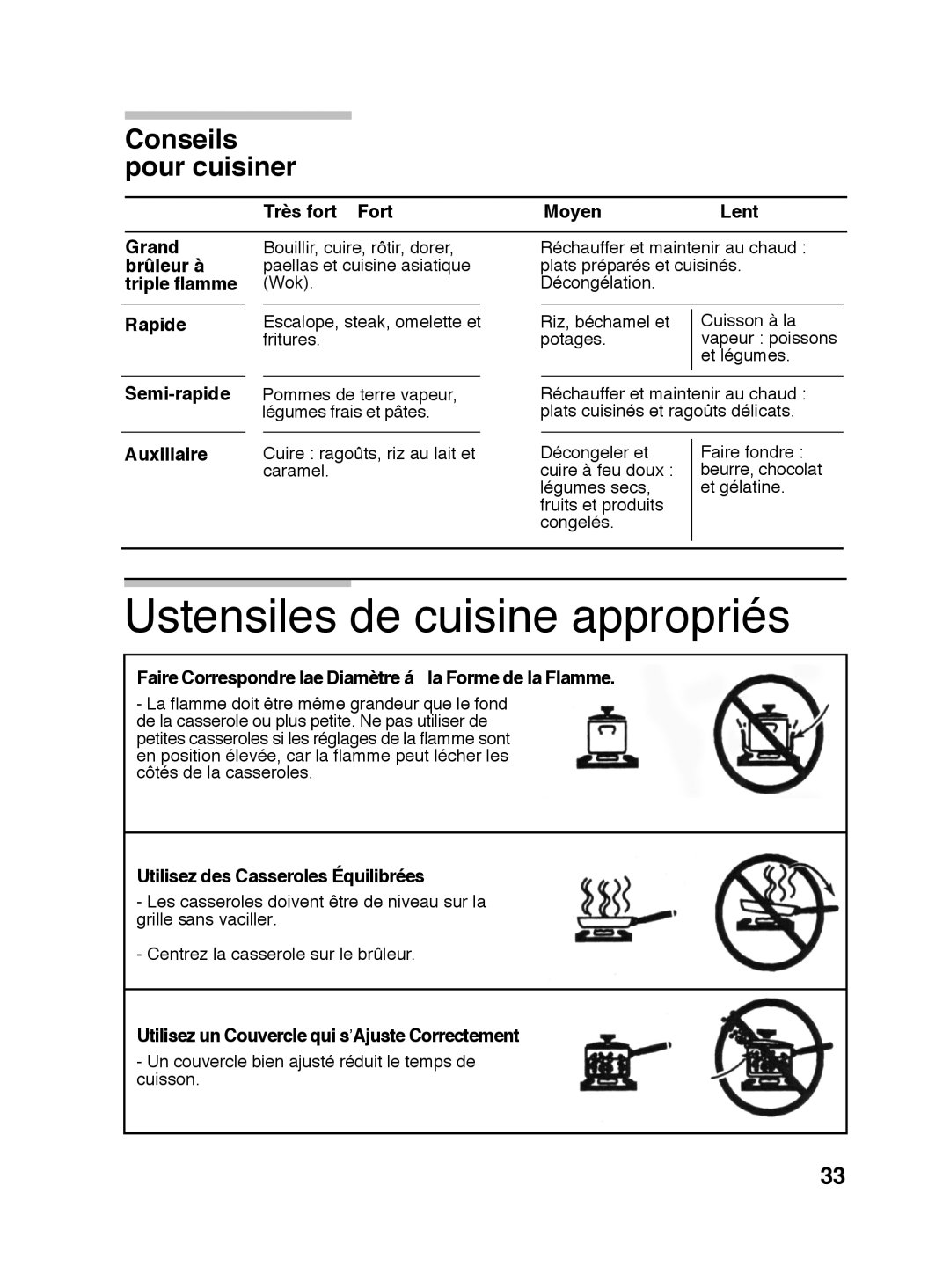 Bosch Appliances PGL985UC manual Ustensiles de cuisine appropriés, Conseils pour cuisiner 