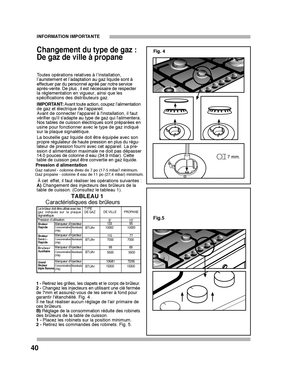 Bosch Appliances PGL985UC manual Changement du type de gaz De gaz de ville à propane, Tableau 