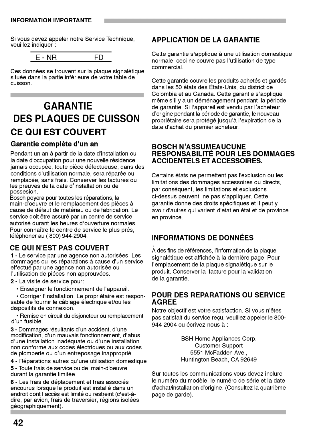 Bosch Appliances PGL985UC manual Garantie, Des Plaques De Cuisson, Ce Qui Est Couvert 