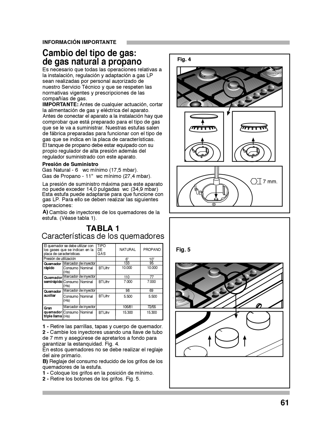 Bosch Appliances PGL985UC manual Cambio del tipo de gas, de gas natural a propano, Tabla, Características de los quemadores 