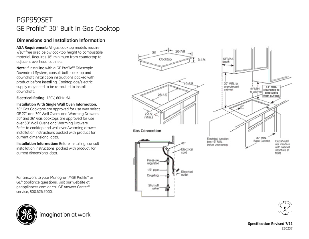 Bosch Appliances PGP959SET dimensions GE Profile 30 Built-In Gas Cooktop, Dimensions and Installation Information 