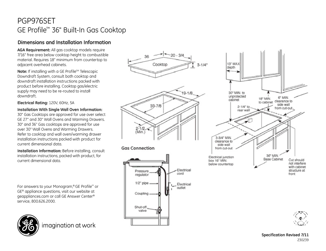 Bosch Appliances PGP976SET dimensions GE Profile 36 Built-In Gas Cooktop, Dimensions and Installation Information 