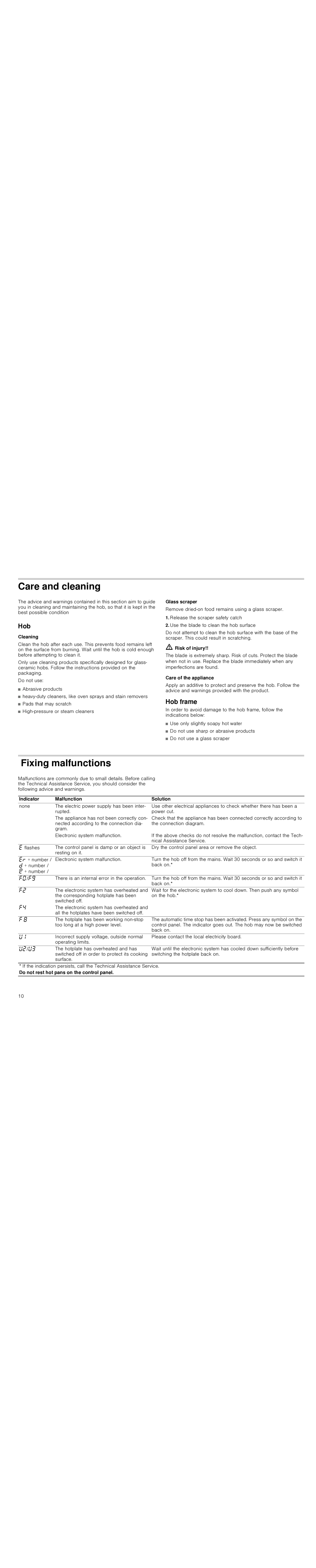 Bosch Appliances PIE645Q14E instruction manual Care and cleaning, Fixing malfunctions, Hob frame 