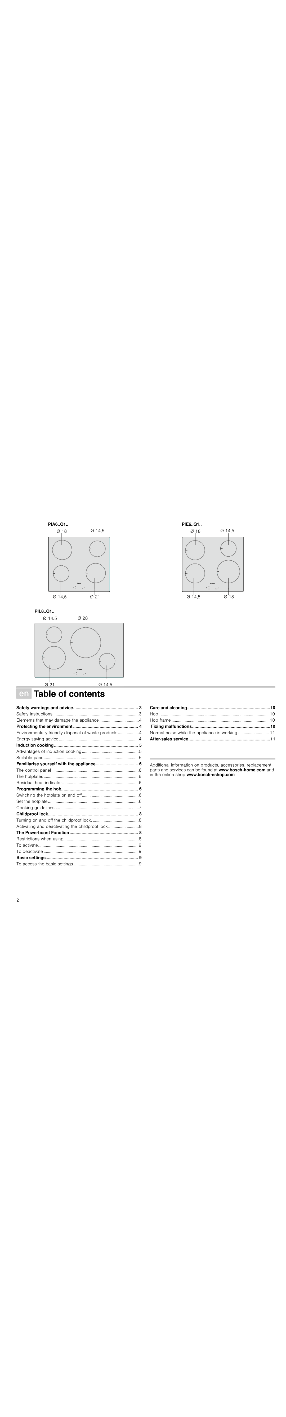 Bosch Appliances PIE645Q14E instruction manual ÚTable of contents 