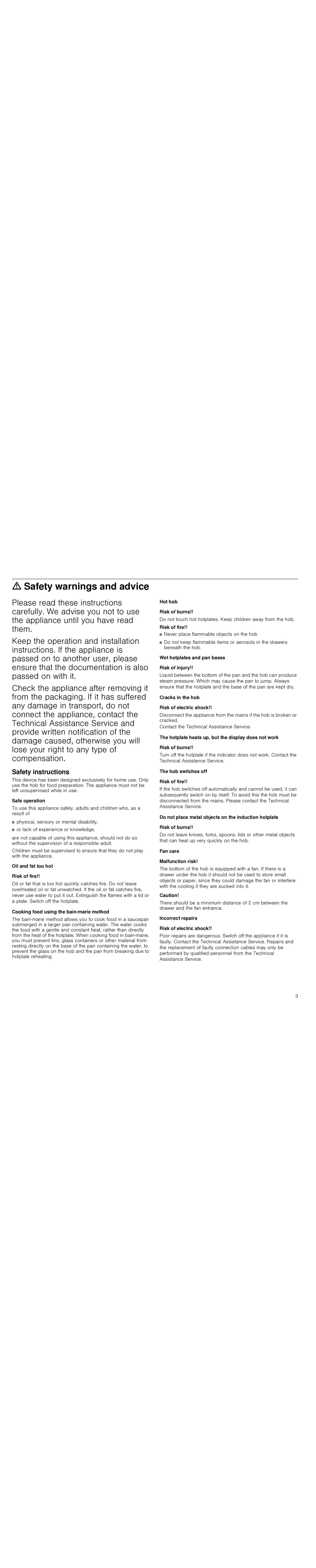 Bosch Appliances PIE645Q14E instruction manual =Safety warnings and advice, Safety instructions 