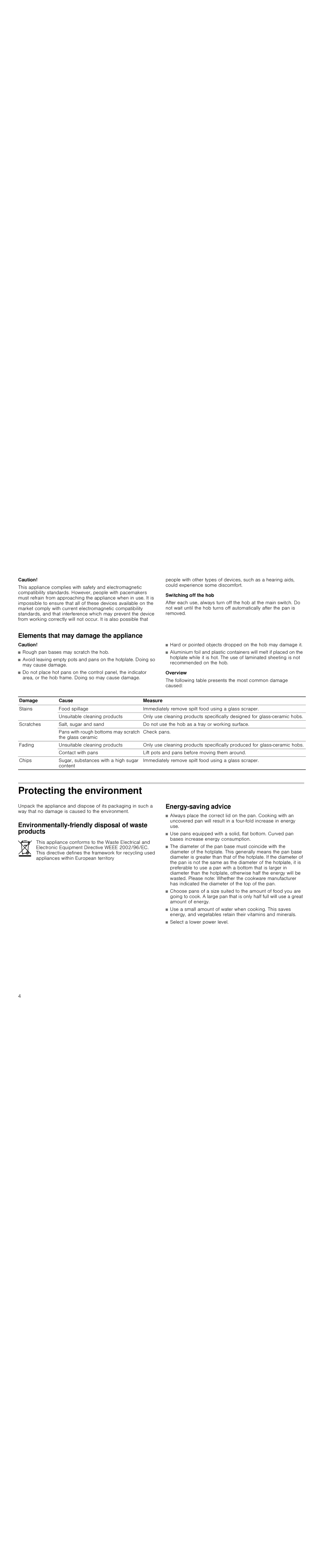 Bosch Appliances PIE645Q14E Protecting the environment, Elements that may damage the appliance, Energy-saving advice 